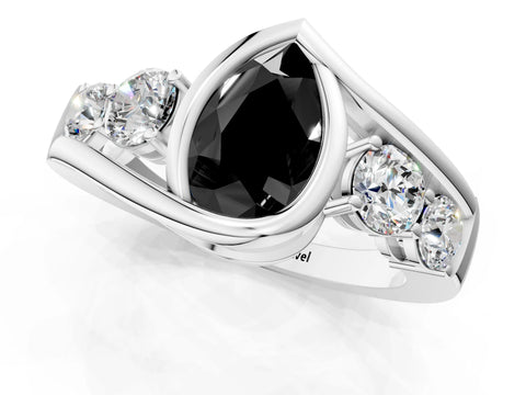 White gold Bezel Set Fancy Black Pear Cut Diamond Split Shank Ring_1