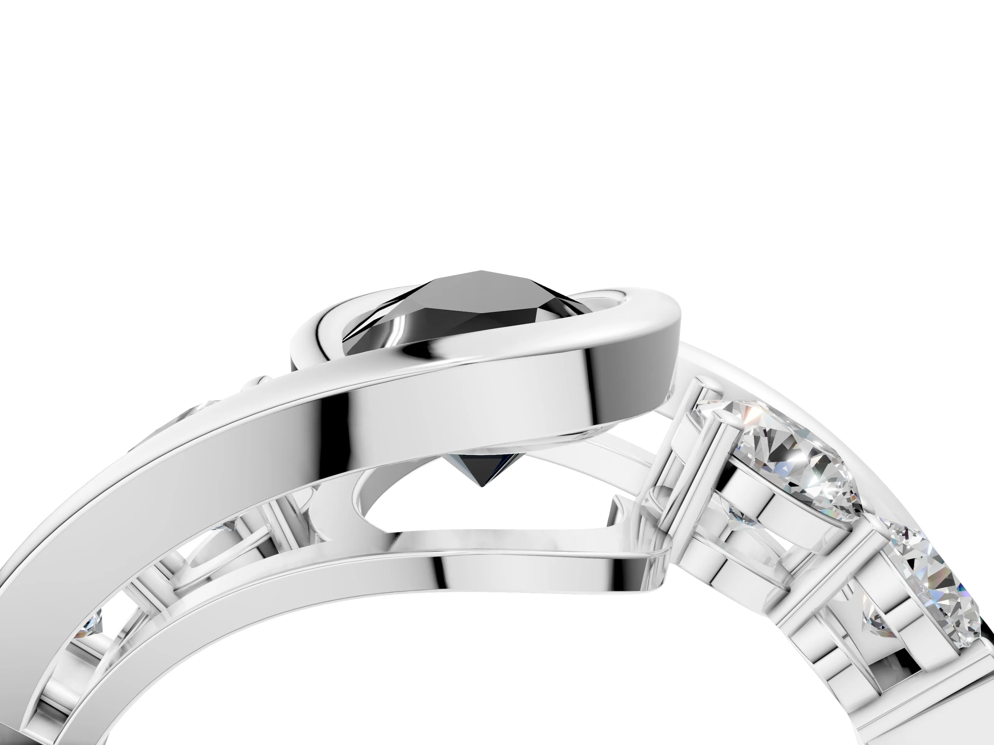 White gold Bezel Set Fancy Black Pear Cut Diamond Split Shank Ring_22