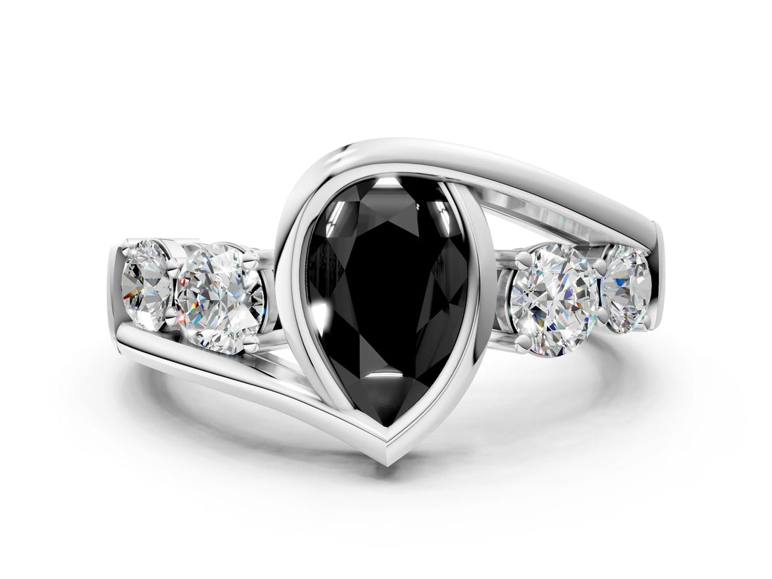 White gold Bezel Set Fancy Black Pear Cut Diamond Split Shank Ring_24