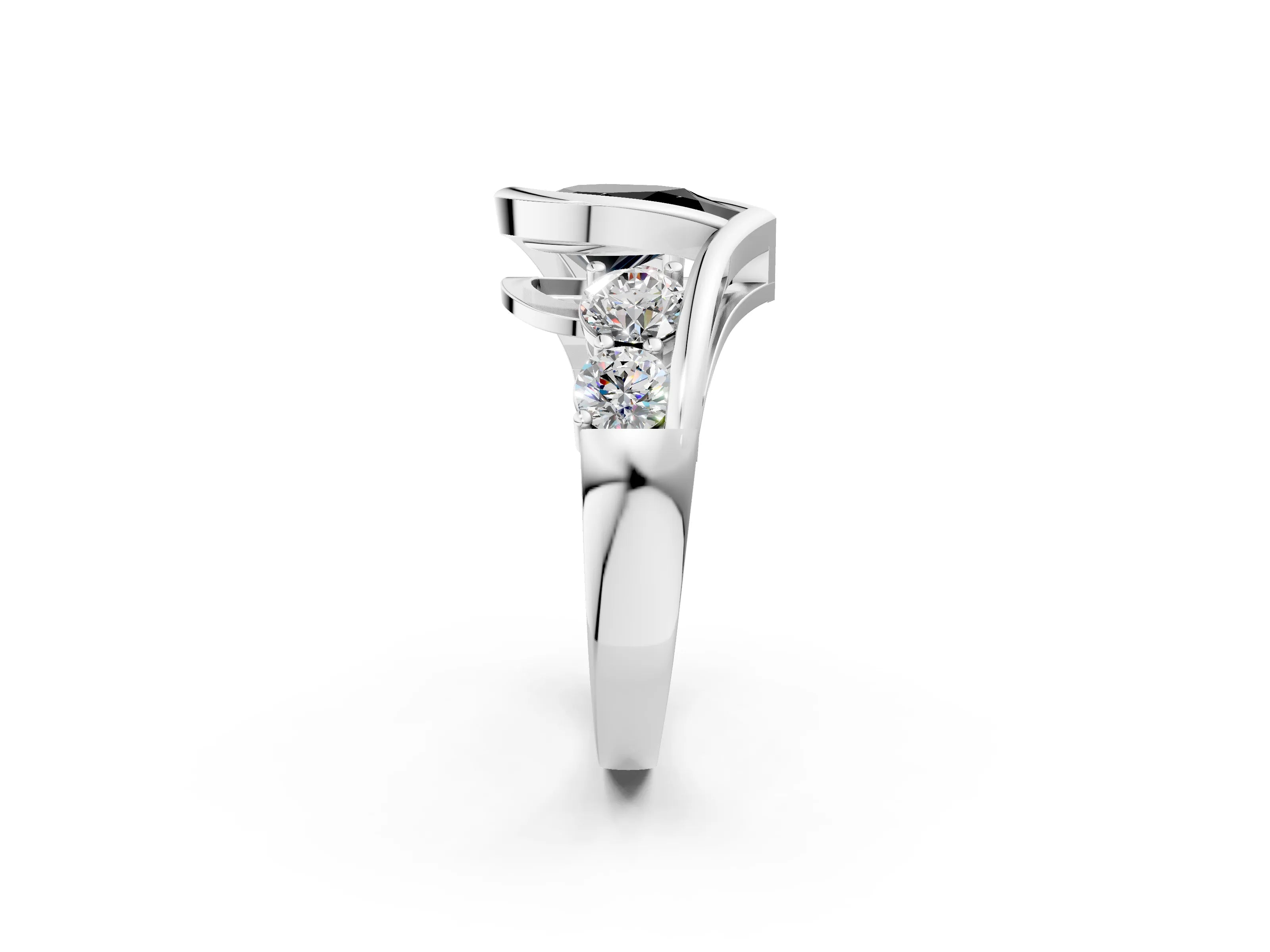 White gold Bezel Set Fancy Black Pear Cut Diamond Split Shank Ring_2
