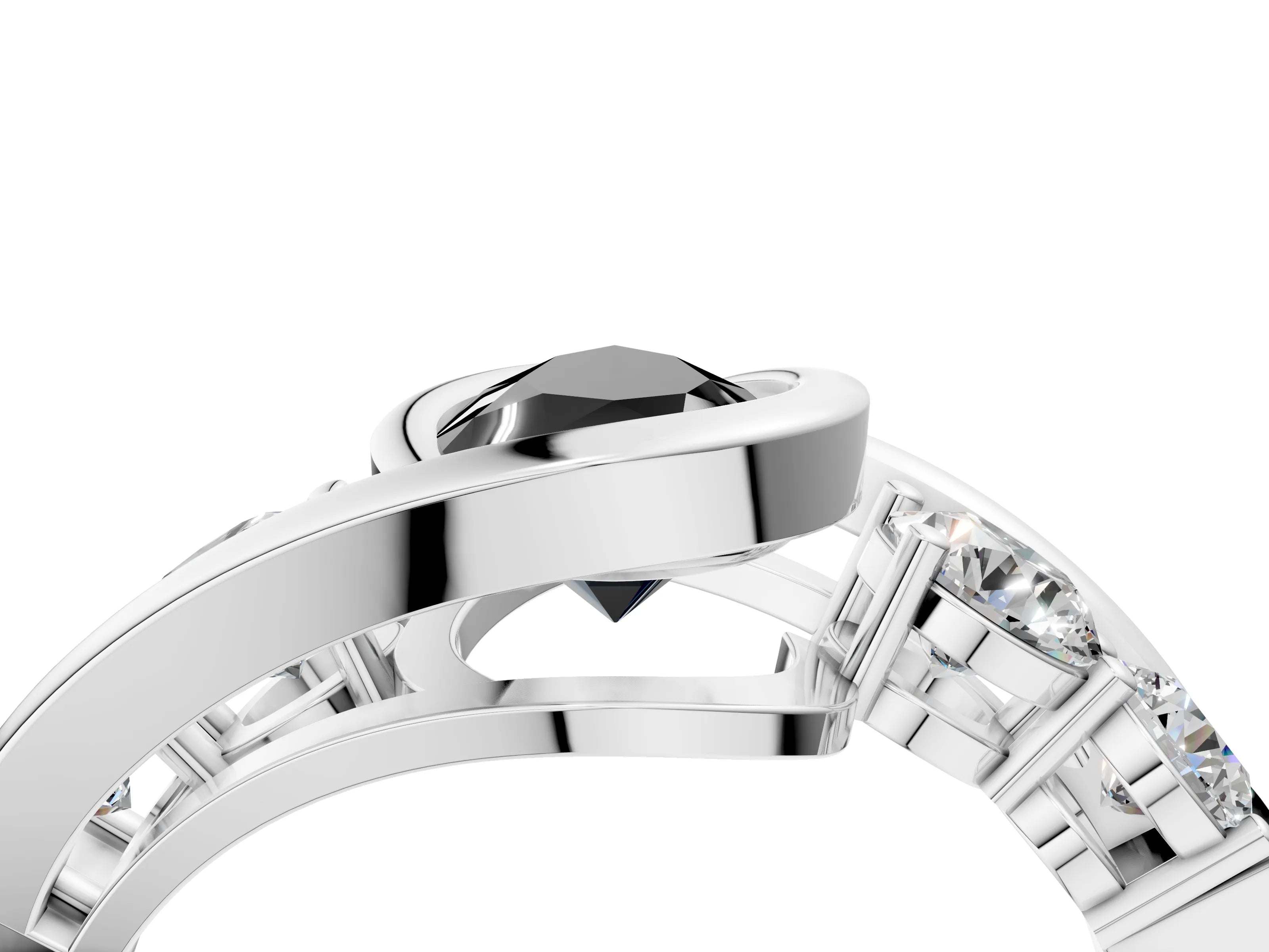 White gold Bezel Set Fancy Black Pear Cut Diamond Split Shank Ring_4