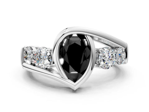 White gold Bezel Set Fancy Black Pear Cut Diamond Split Shank Ring