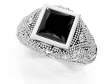 White gold Bezel Set Fancy Black Princess Cut Diamond Milgrain Band Ring_1