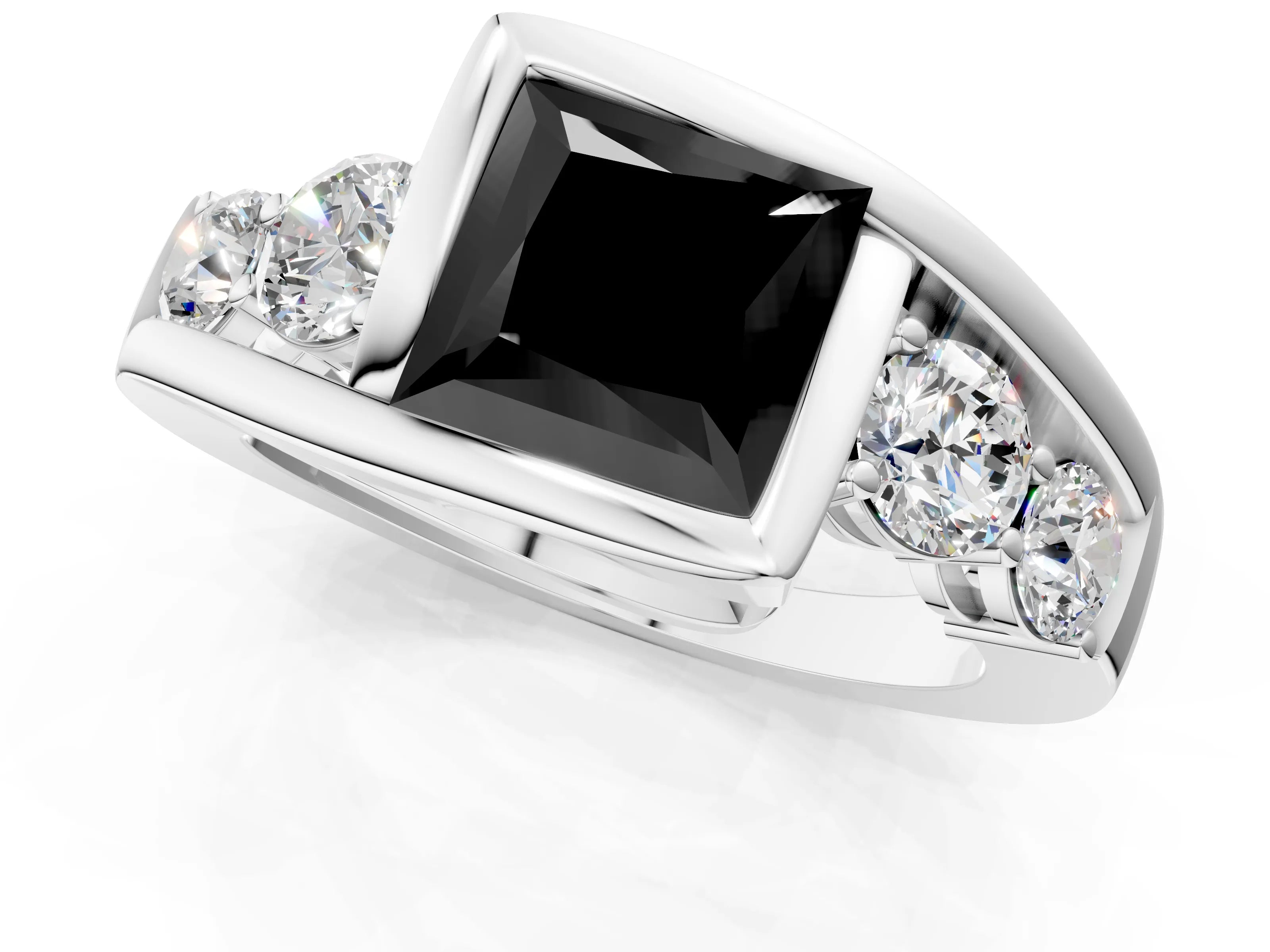 White gold Bezel Set Fancy Black Princess Cut Diamond Split Shank Ring_1