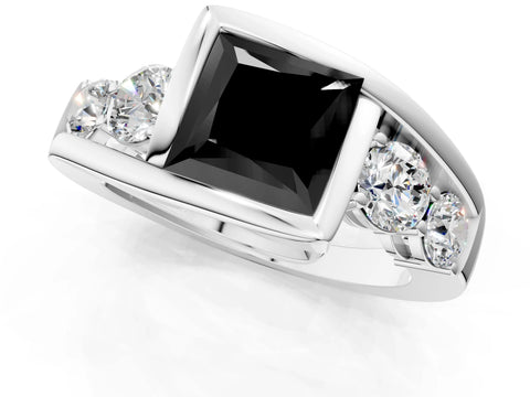 White gold Bezel Set Fancy Black Princess Cut Diamond Split Shank Ring_1
