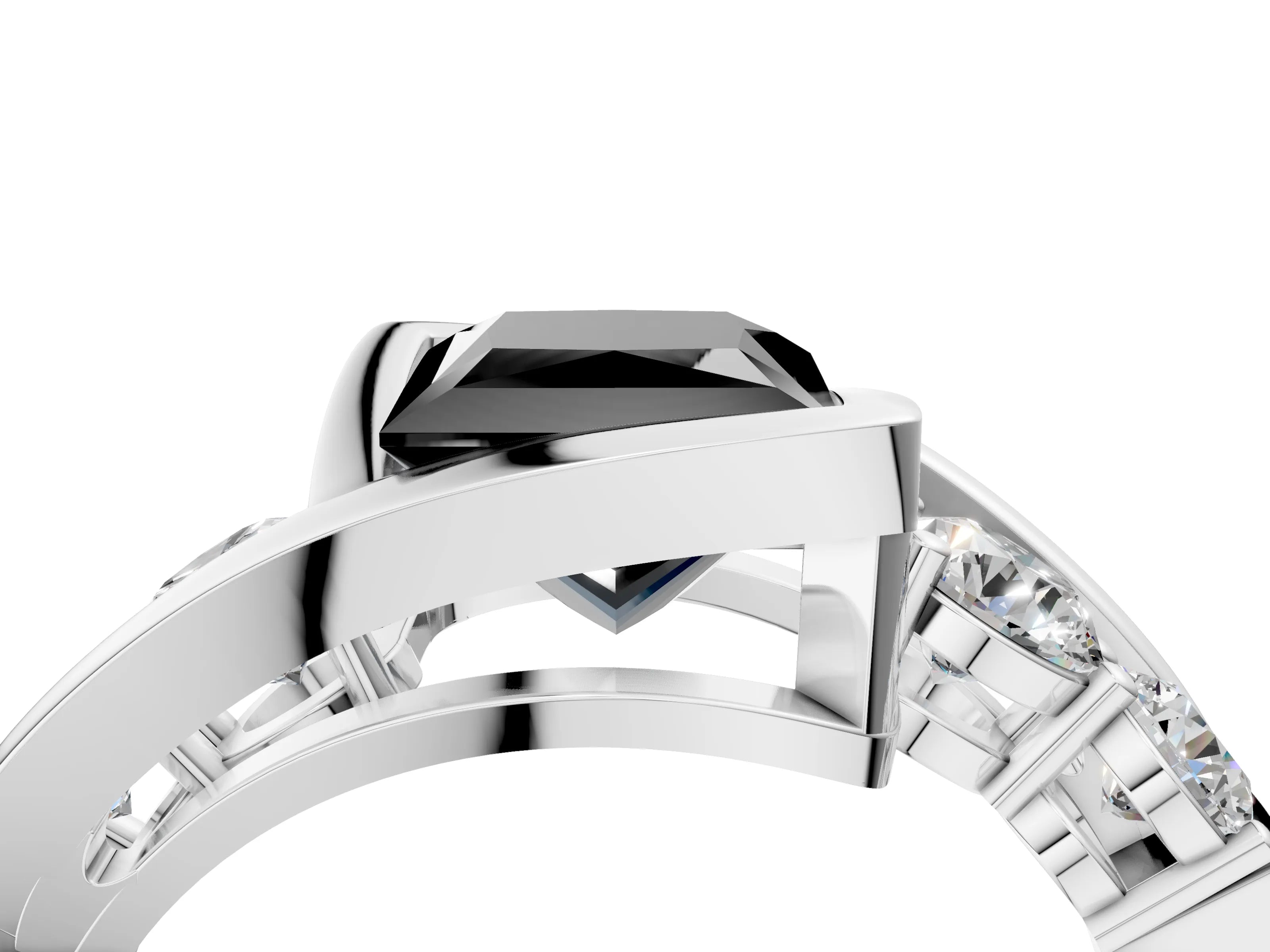 White gold Bezel Set Fancy Black Princess Cut Diamond Split Shank Ring_4