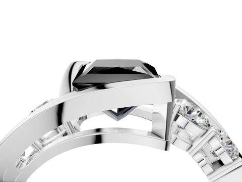 White gold Bezel Set Fancy Black Princess Cut Diamond Split Shank Ring_4