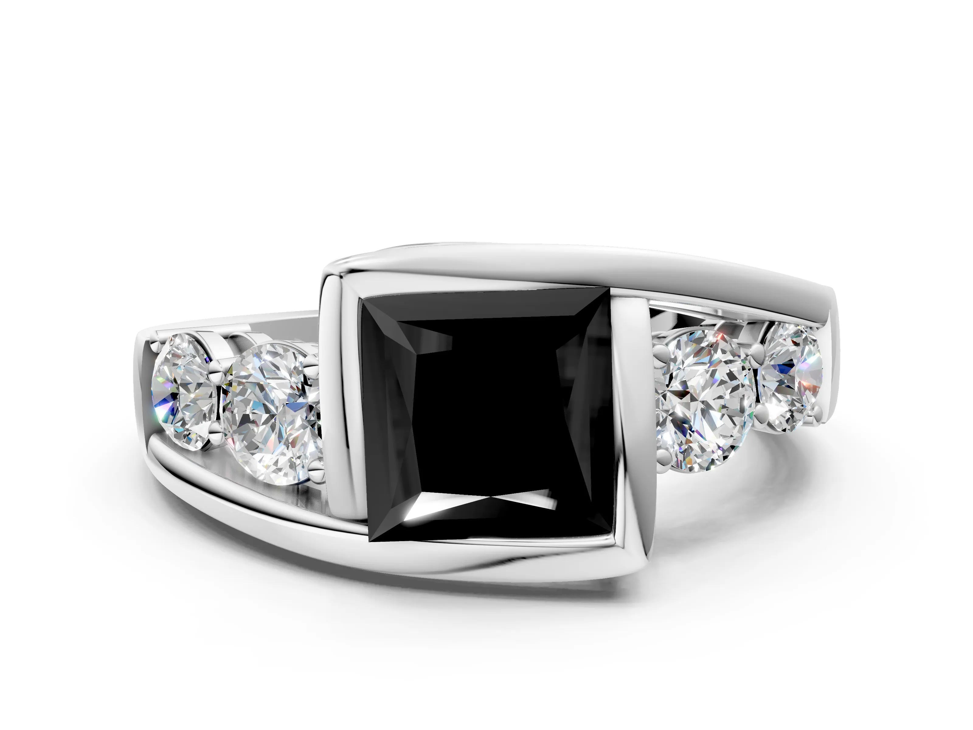 White gold Bezel Set Fancy Black Princess Cut Diamond Split Shank Ring