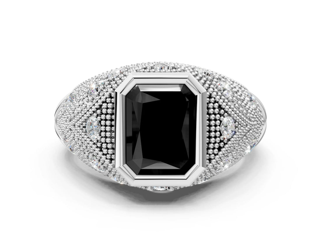 White gold Bezel Set Fancy Black Radiant Cut Diamond Milgrain Band Ring