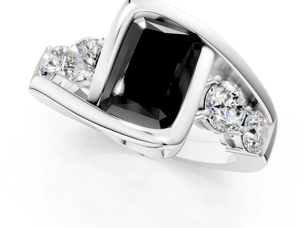White Gold Radiant Cut Bezel Bypass Engagement Ring Setting for Black Center with Round Side Accents
