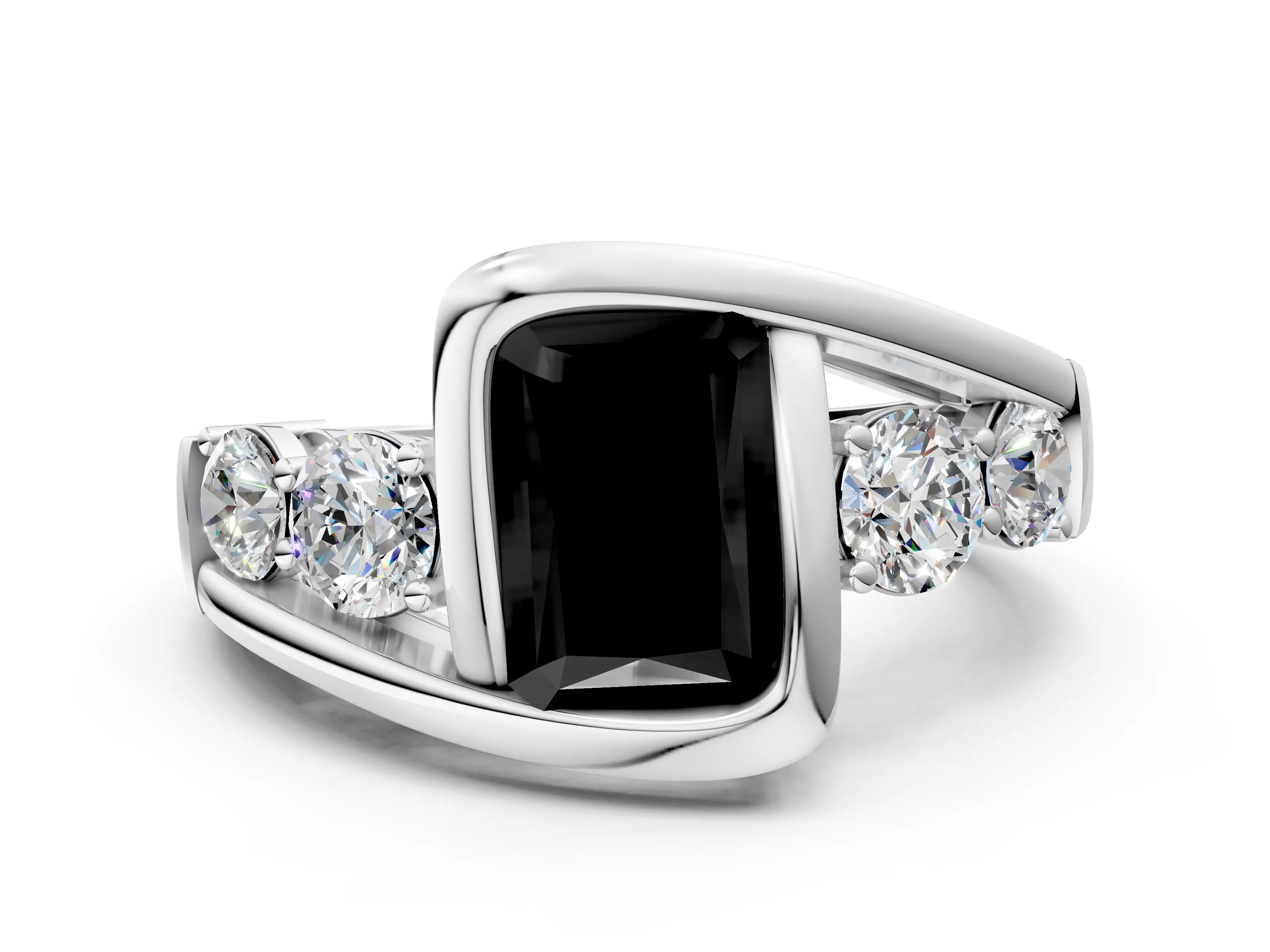 White gold Bezel Set Fancy Black Radiant Cut Diamond Split Shank Ring_36