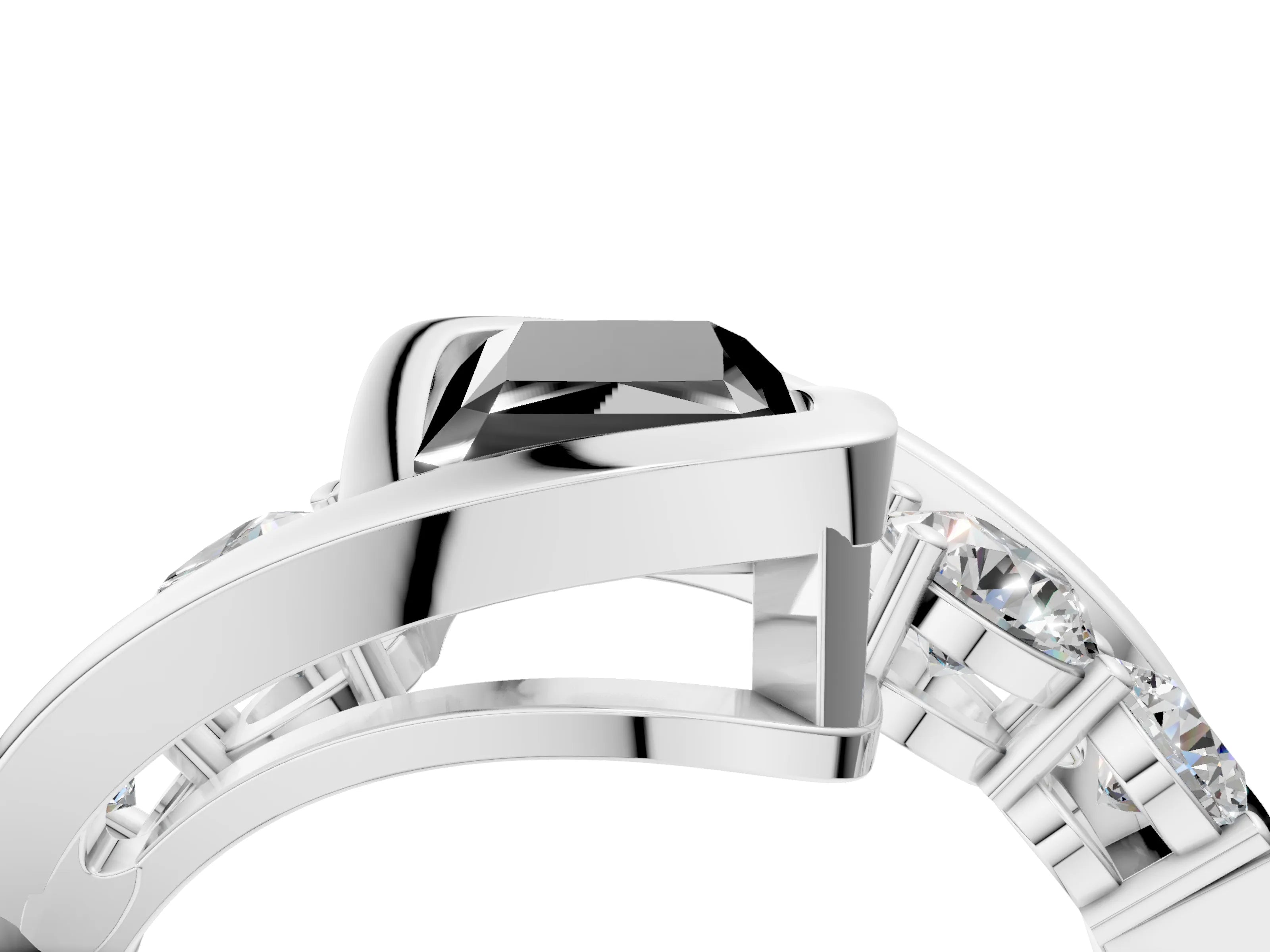 White gold Bezel Set Fancy Black Radiant Cut Diamond Split Shank Ring_4