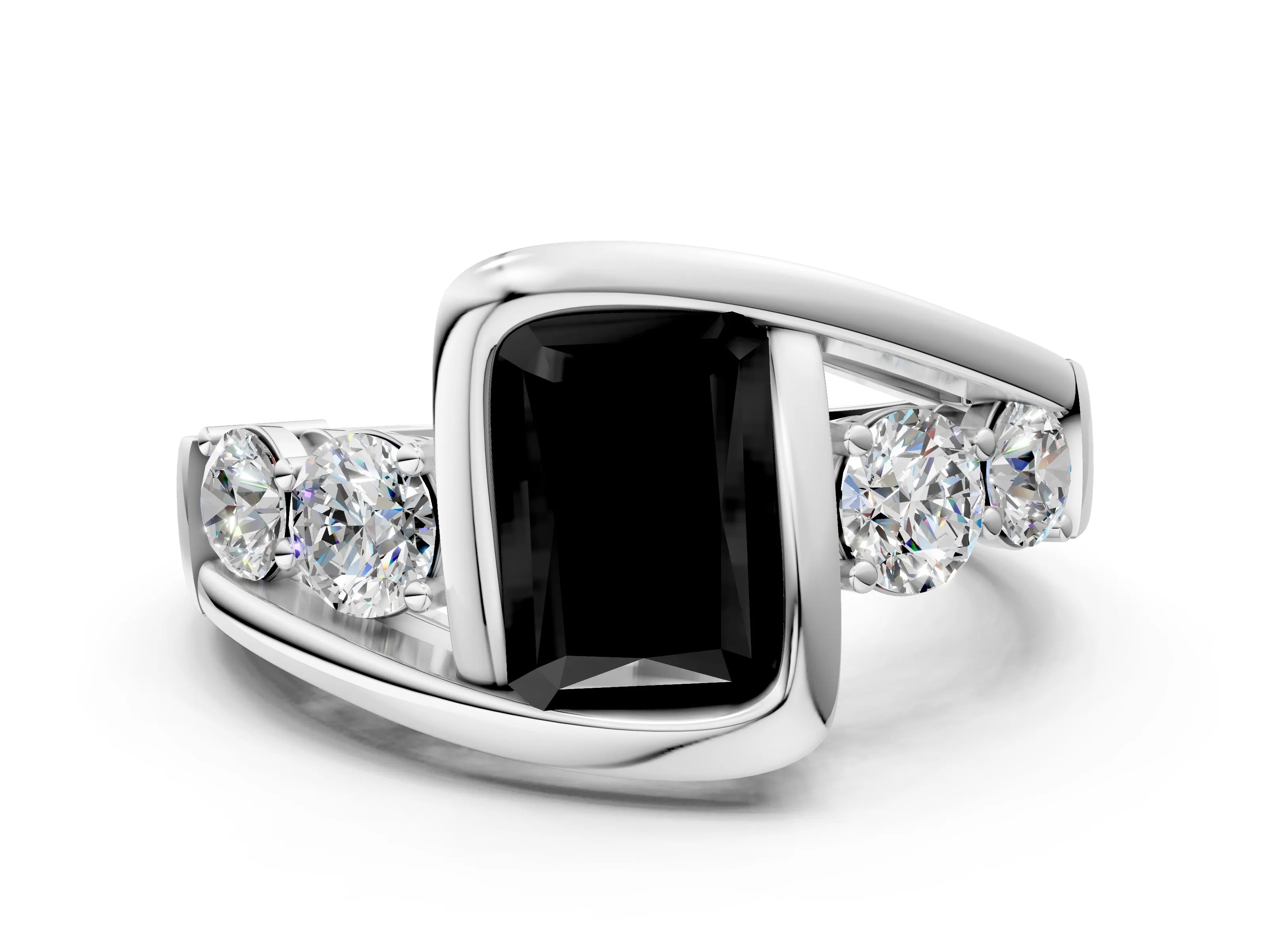 White gold Bezel Set Fancy Black Radiant Cut Diamond Split Shank Ring