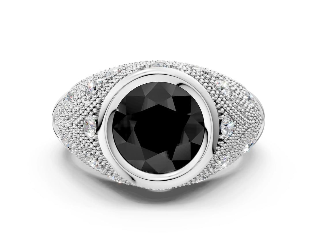 White gold Bezel Set Fancy Black Round Cut Diamond Milgrain Band Ring