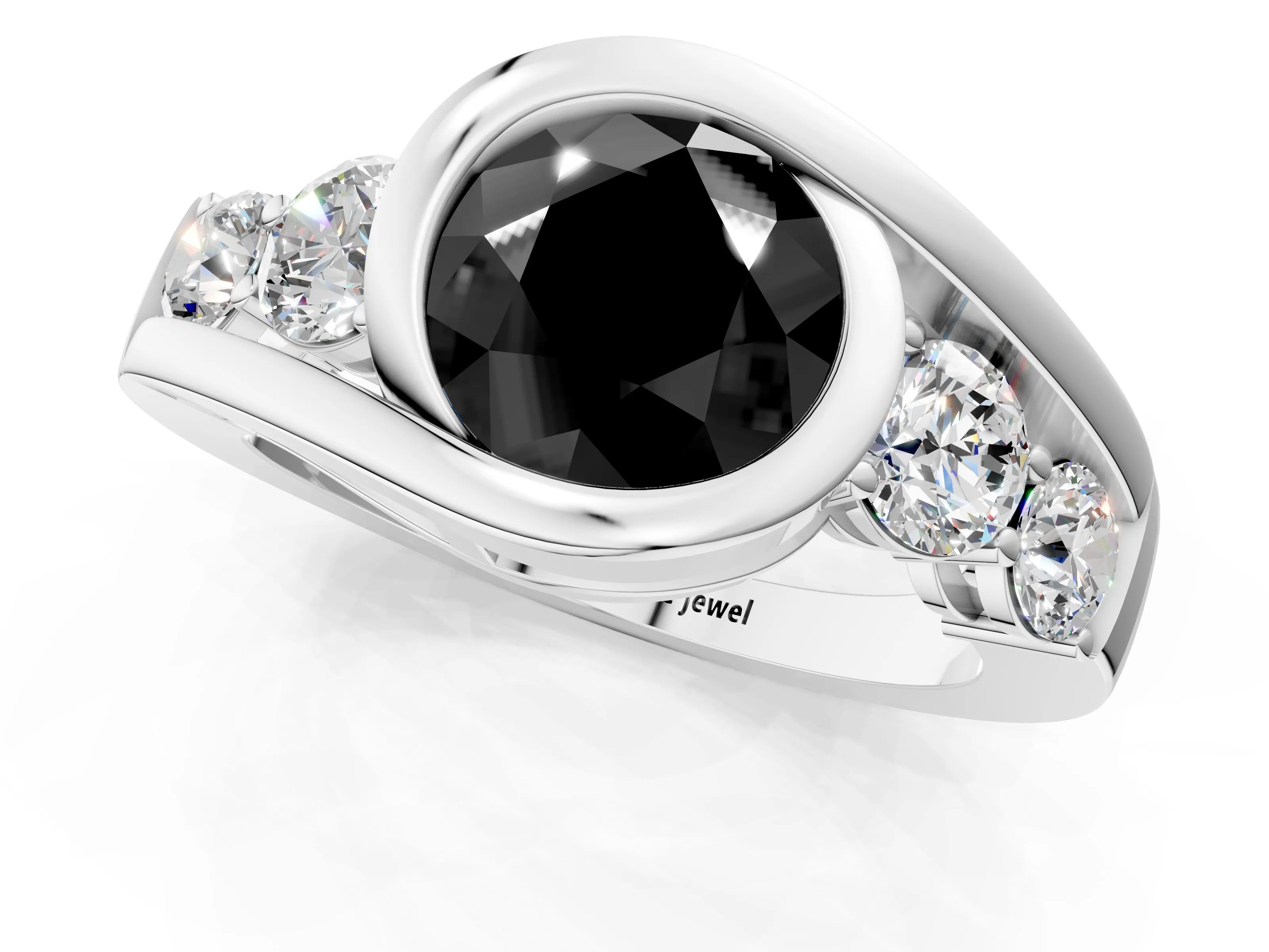 White gold Bezel Set Fancy Black Round Cut Diamond Split Shank Ring_1