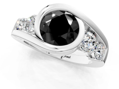 White gold Bezel Set Fancy Black Round Cut Diamond Split Shank Ring_1