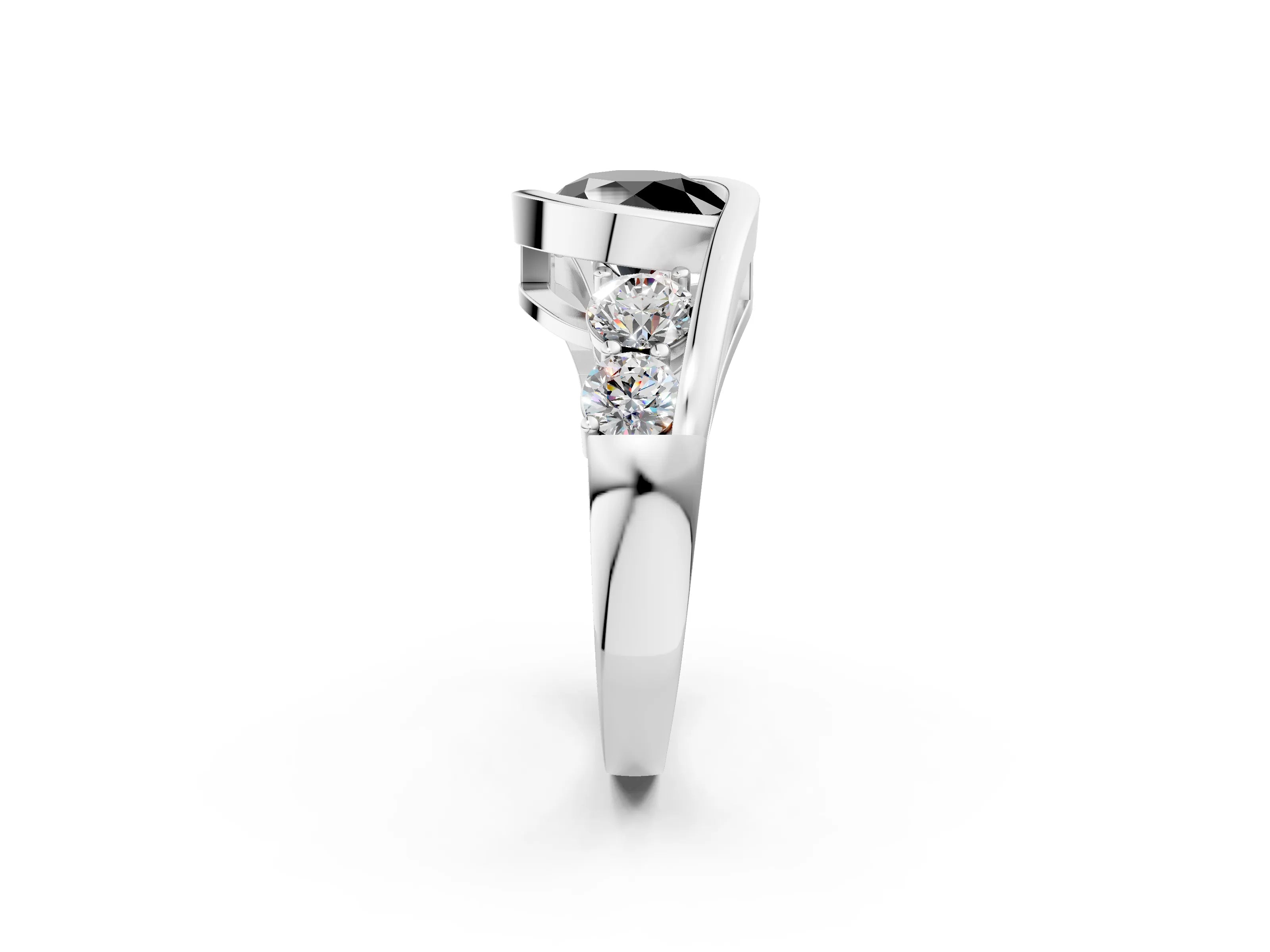 White gold Bezel Set Fancy Black Round Cut Diamond Split Shank Ring_2