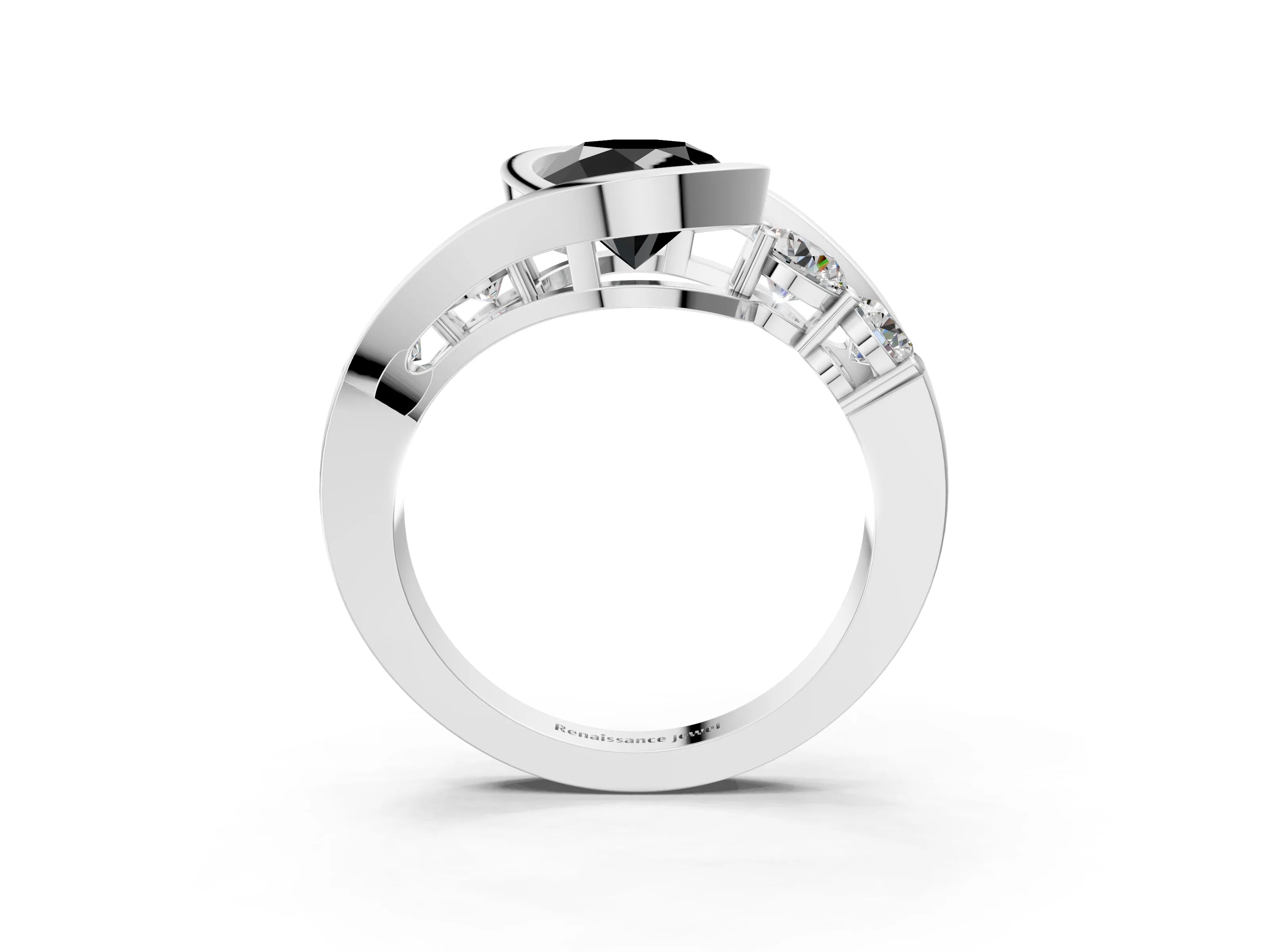 White gold Bezel Set Fancy Black Round Cut Diamond Split Shank Ring_3