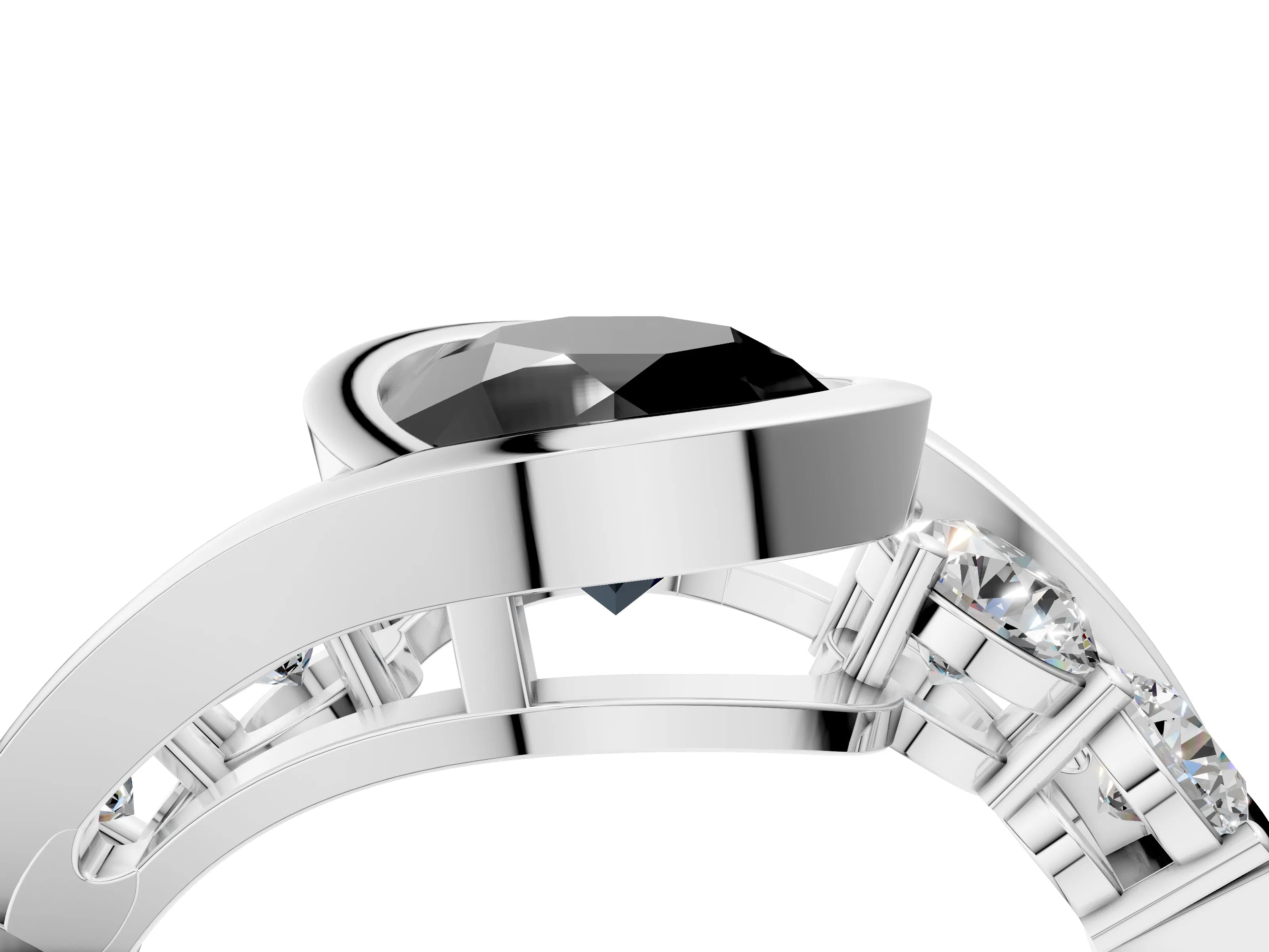 White gold Bezel Set Fancy Black Round Cut Diamond Split Shank Ring_4