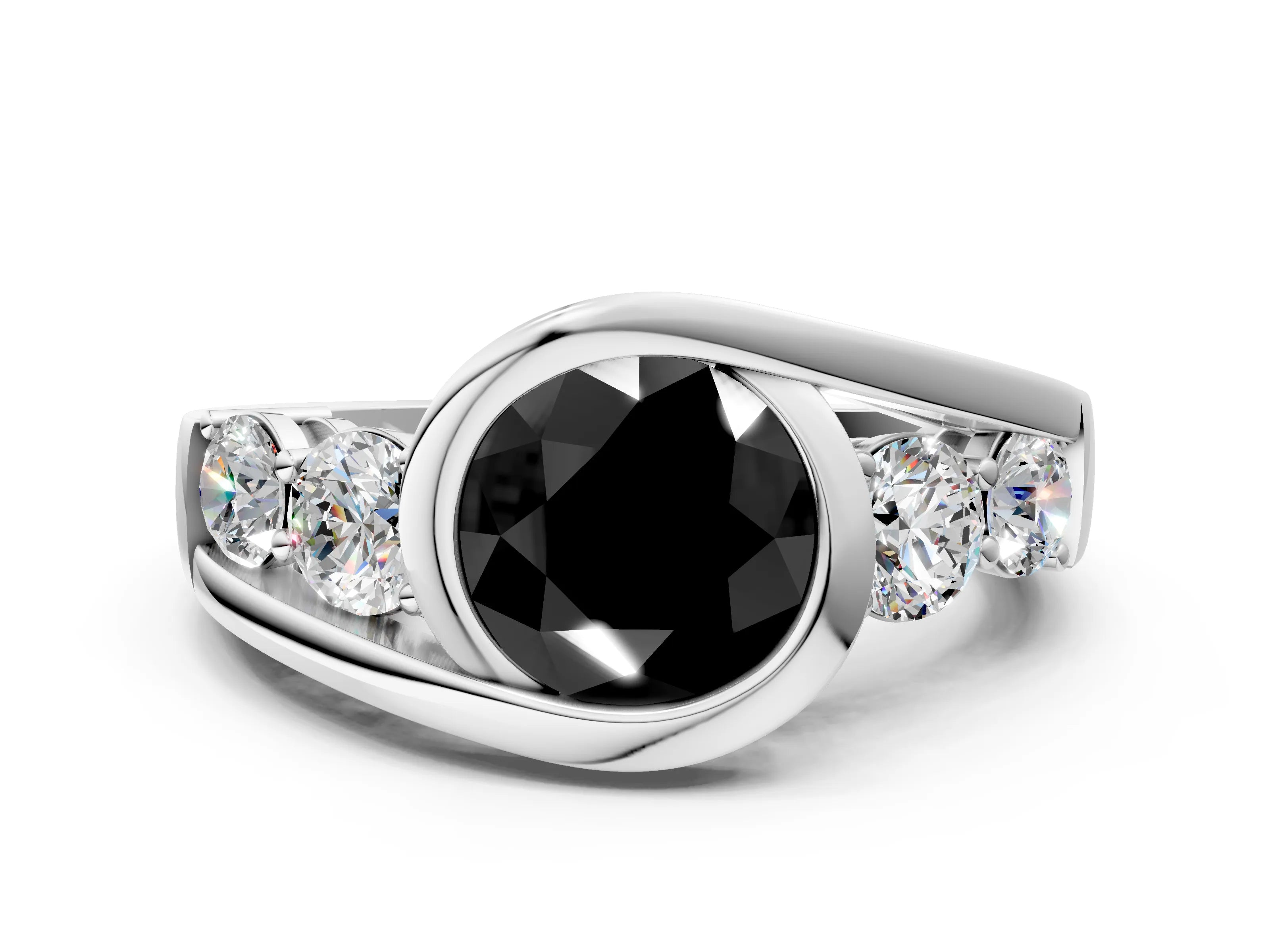 White gold Bezel Set Fancy Black Round Cut Diamond Split Shank Ring