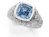 White gold Bezel Set Fancy Blue Asscher Cut Diamond Milgrain Band Ring_1