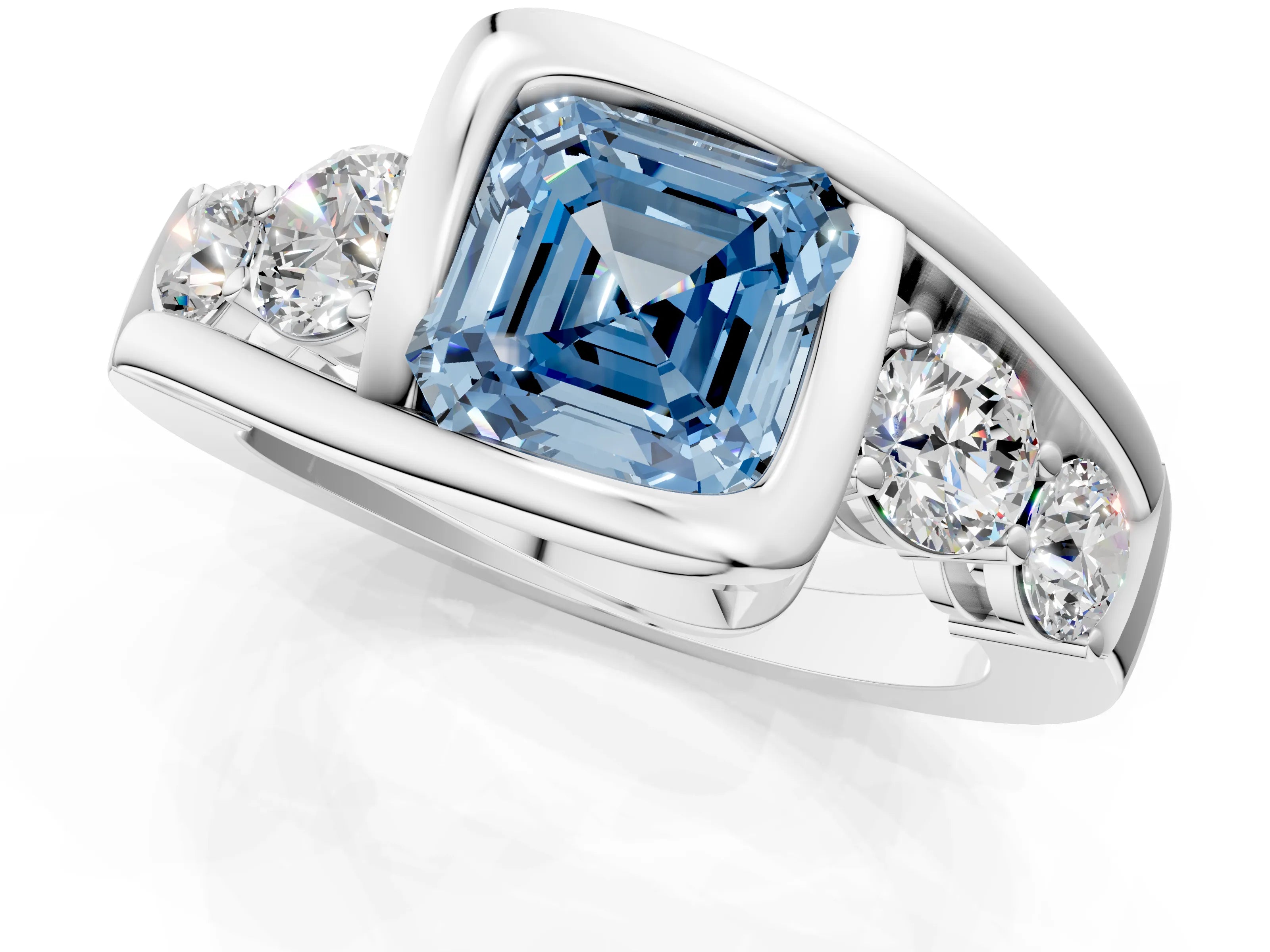 White gold Bezel Set Fancy Blue Asscher Cut Diamond Split Shank Ring_1