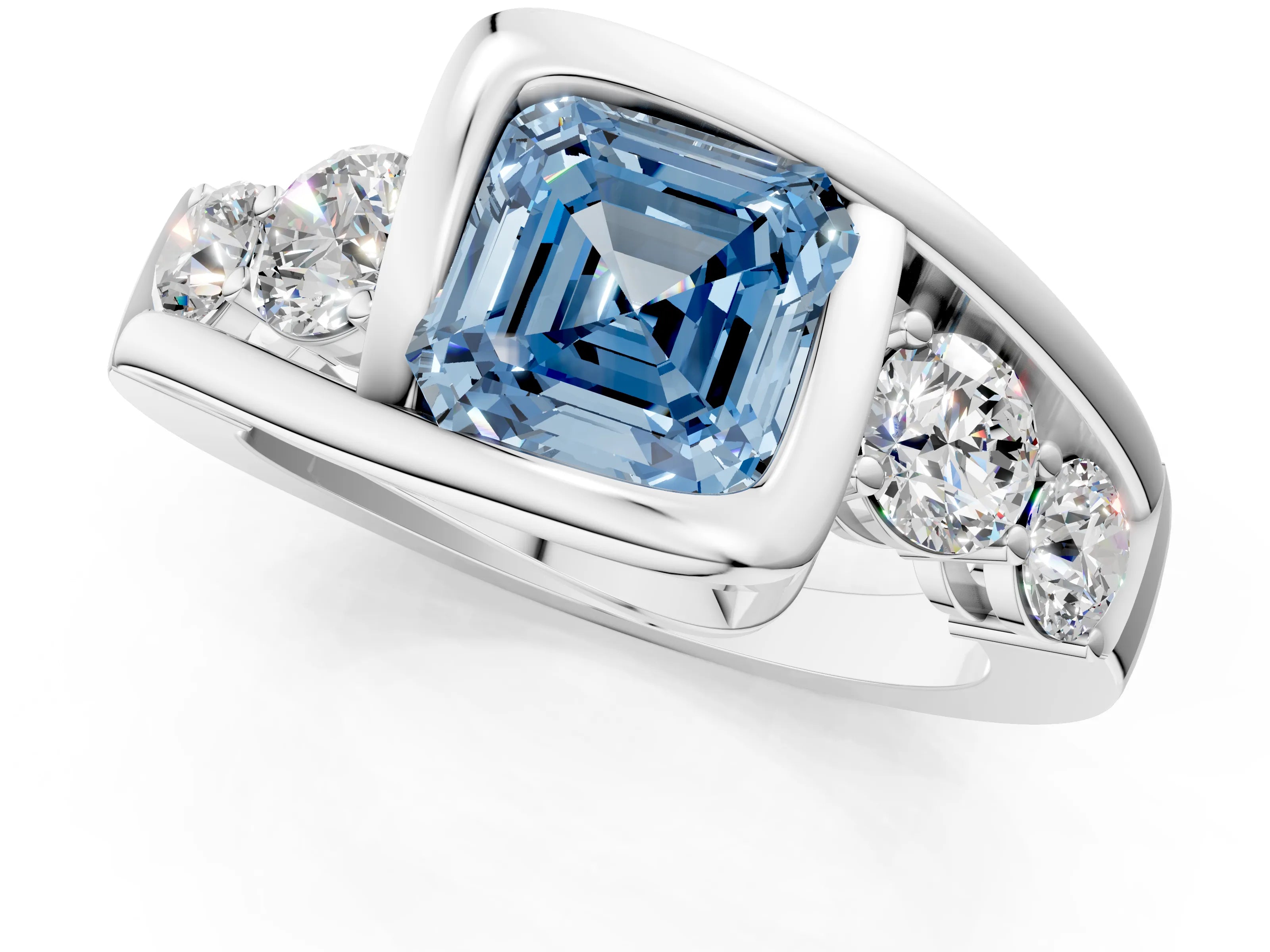 White gold Bezel Set Fancy Blue Asscher Cut Diamond Split Shank Ring_25