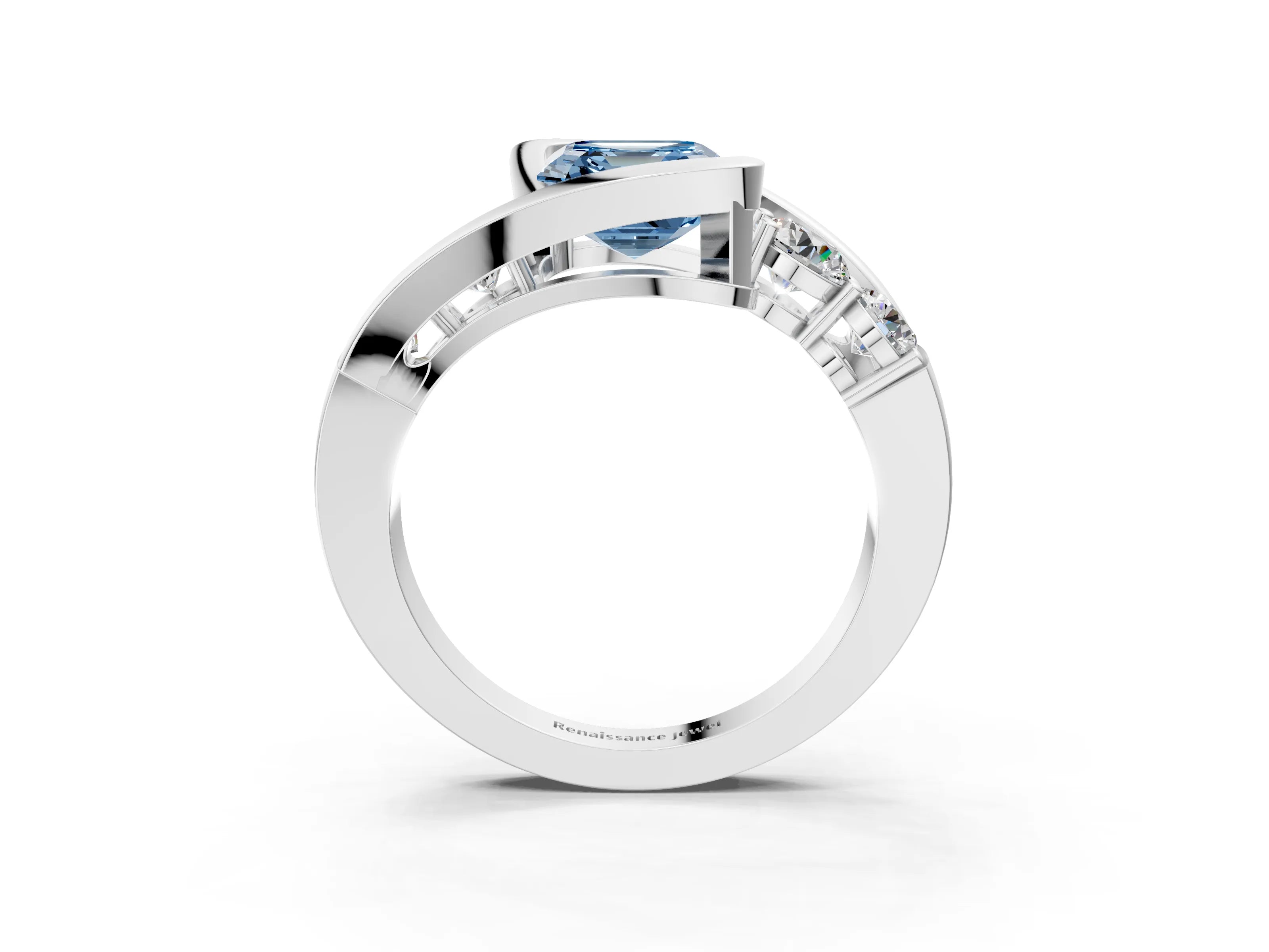 White gold Bezel Set Fancy Blue Asscher Cut Diamond Split Shank Ring_3