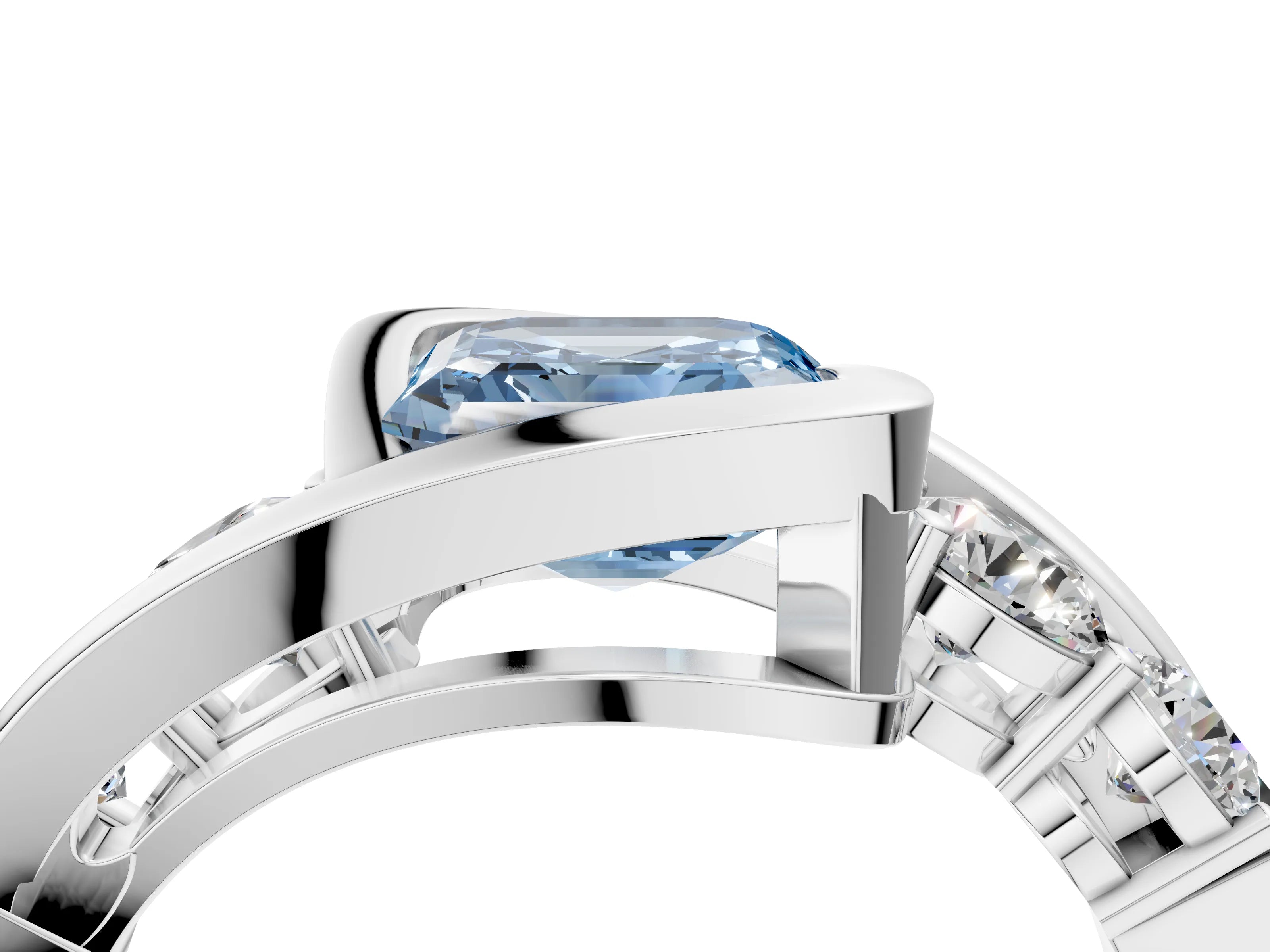 White gold Bezel Set Fancy Blue Asscher Cut Diamond Split Shank Ring_4