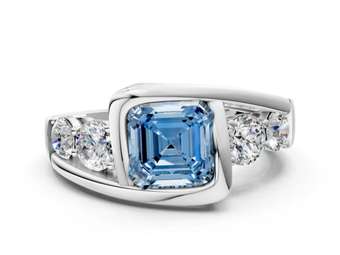 White gold Bezel Set Fancy Blue Asscher Cut Diamond Split Shank Ring