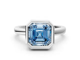 White gold Bezel Set Fancy Blue Asscher Cut Solitaire Engagement Ring with Classic Band