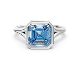 White gold Bezel Set Fancy Blue Asscher  Cut Solitaire Ring with Tapered Band