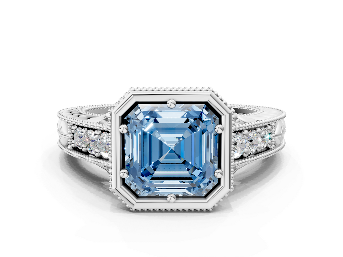 White gold Bezel Set Fancy Blue Asscher  Diamond Milgrain Pave Engagement Ring_17