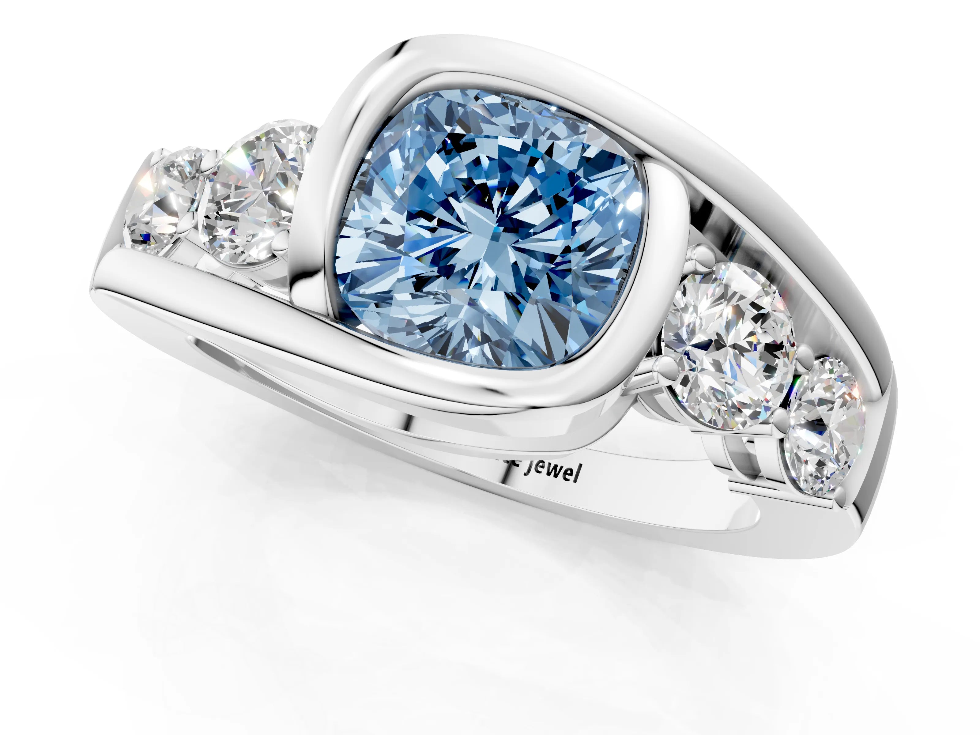 White gold Bezel Set Fancy Blue Cushion Cut Diamond Split Shank Ring_1