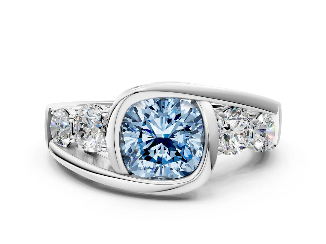White gold Bezel Set Fancy Blue Cushion Cut Diamond Split Shank Ring_24