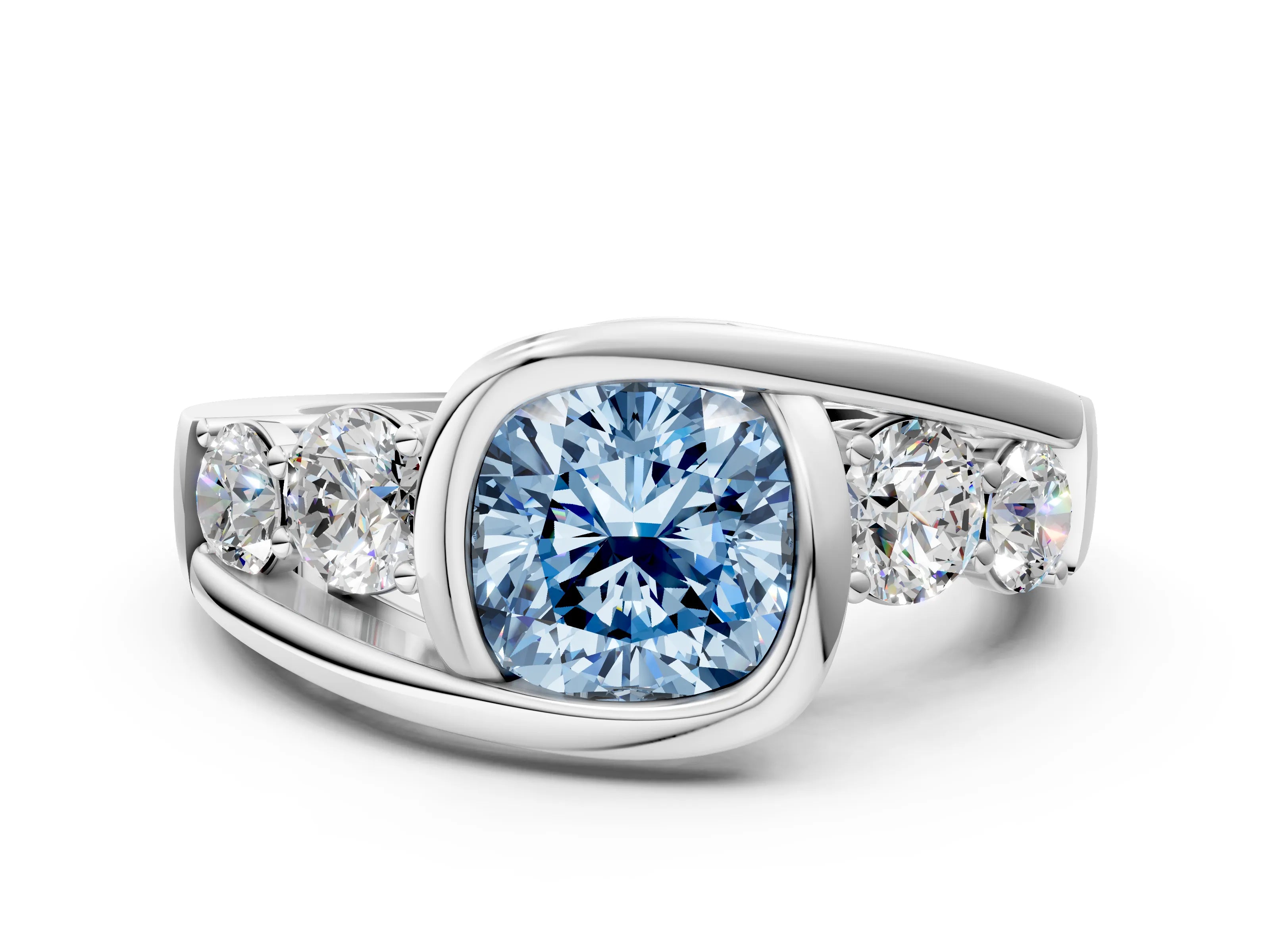 White gold Bezel Set Fancy Blue Cushion Cut Diamond Split Shank Ring