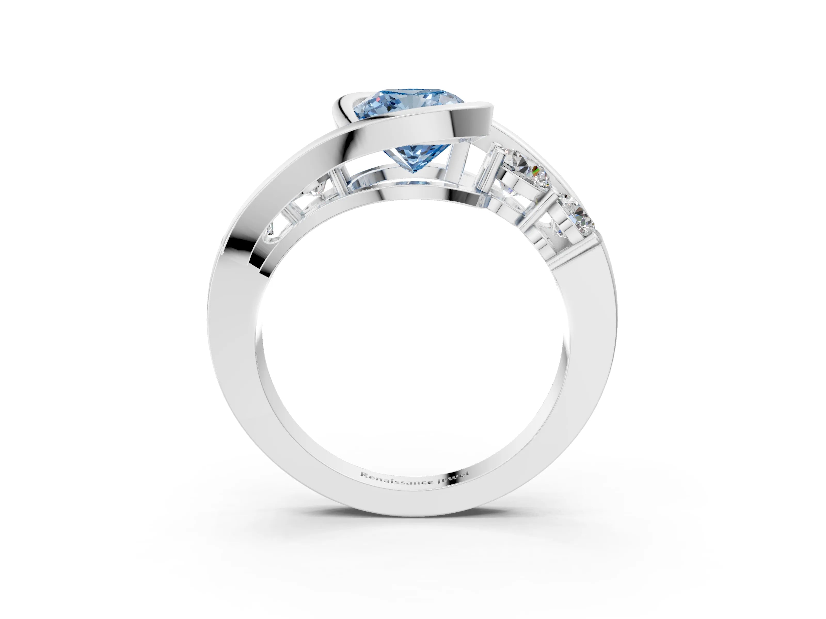 White gold Bezel Set Fancy Blue Cushion Cut Diamond Split Shank Ring_3