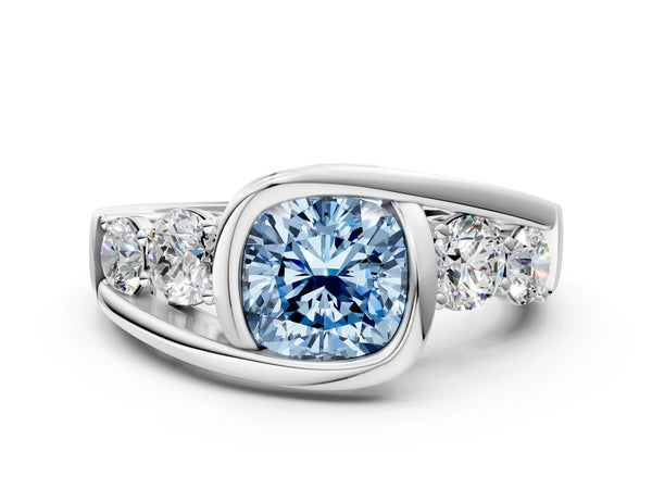 White gold Bezel Set Fancy Blue Cushion Cut Diamond Split Shank Ring