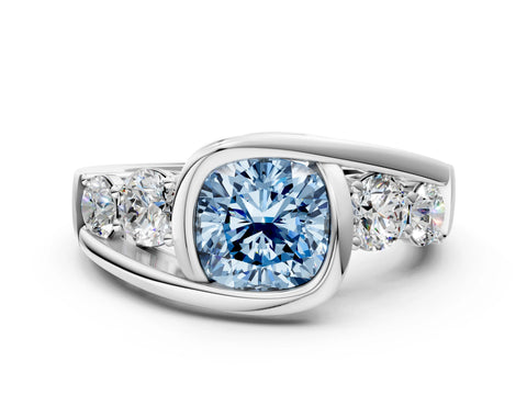 White gold Bezel Set Fancy Blue Cushion Cut Diamond Split Shank Ring