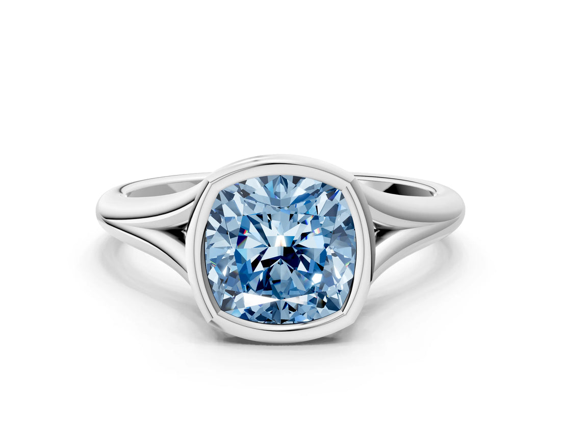 White gold Bezel Set Fancy Blue Cushion  Cut Solitaire Ring with Tapered Band