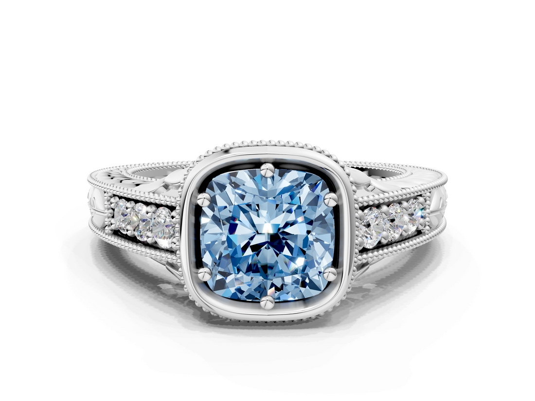 White gold Bezel Set Fancy Blue Cushion  Diamond Milgrain Pave Engagement Ring_33