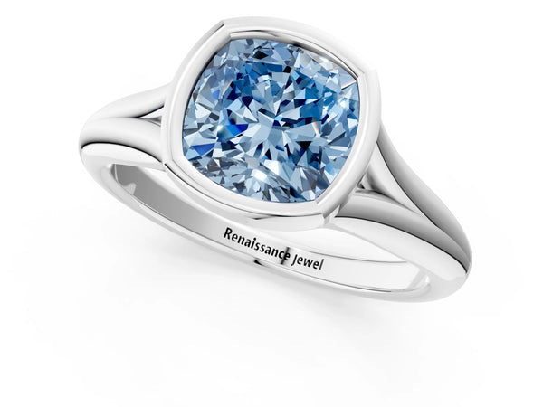 White gold Bezel Set Fancy Blue Cushion  Solitaire Diamond Ring with Smooth Band