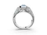 White gold Bezel Set Fancy Blue Emerald Cut Diamond Milgrain Band Ring_3