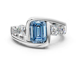White gold Bezel Set Fancy Blue Emerald Cut Diamond Split Shank Ring_12