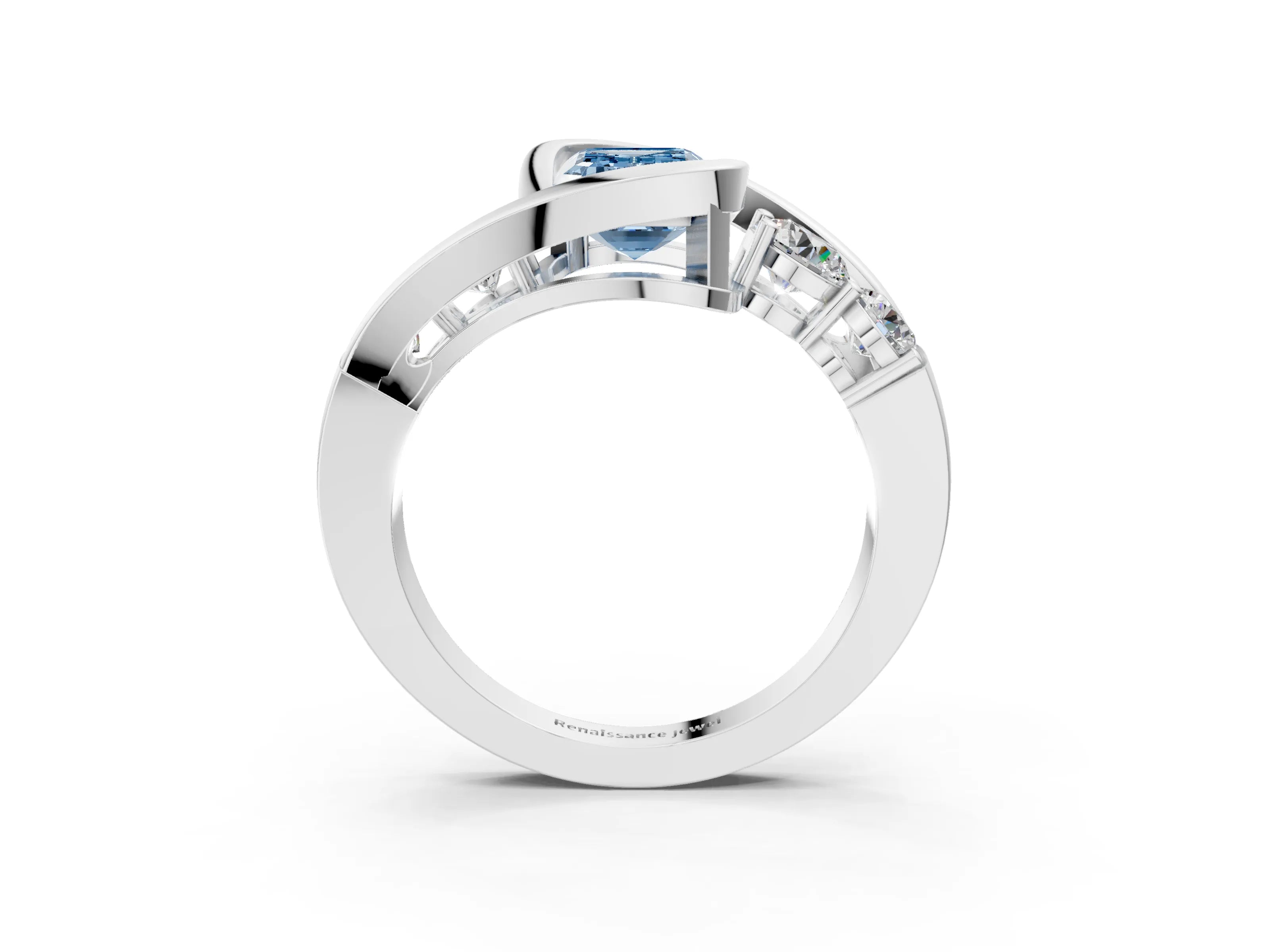 White gold Bezel Set Fancy Blue Emerald Cut Diamond Split Shank Ring_15