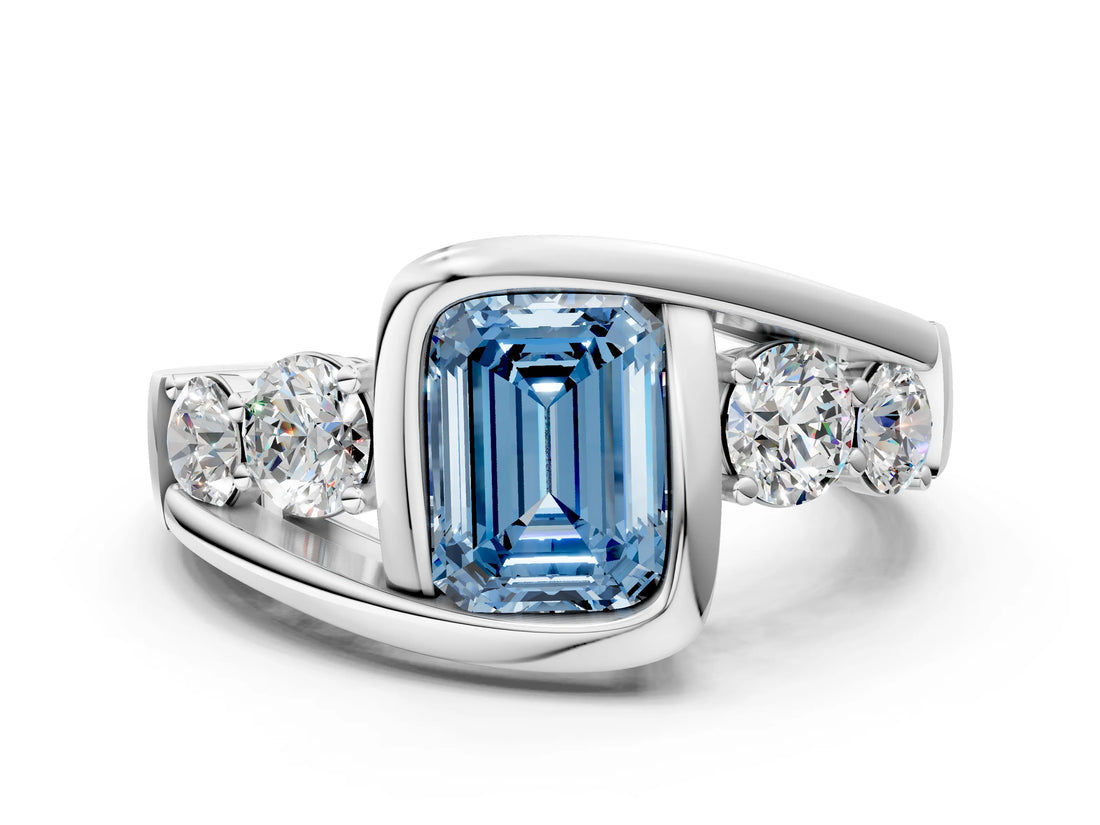 White gold Bezel Set Fancy Blue Emerald Cut Diamond Split Shank Ring_18