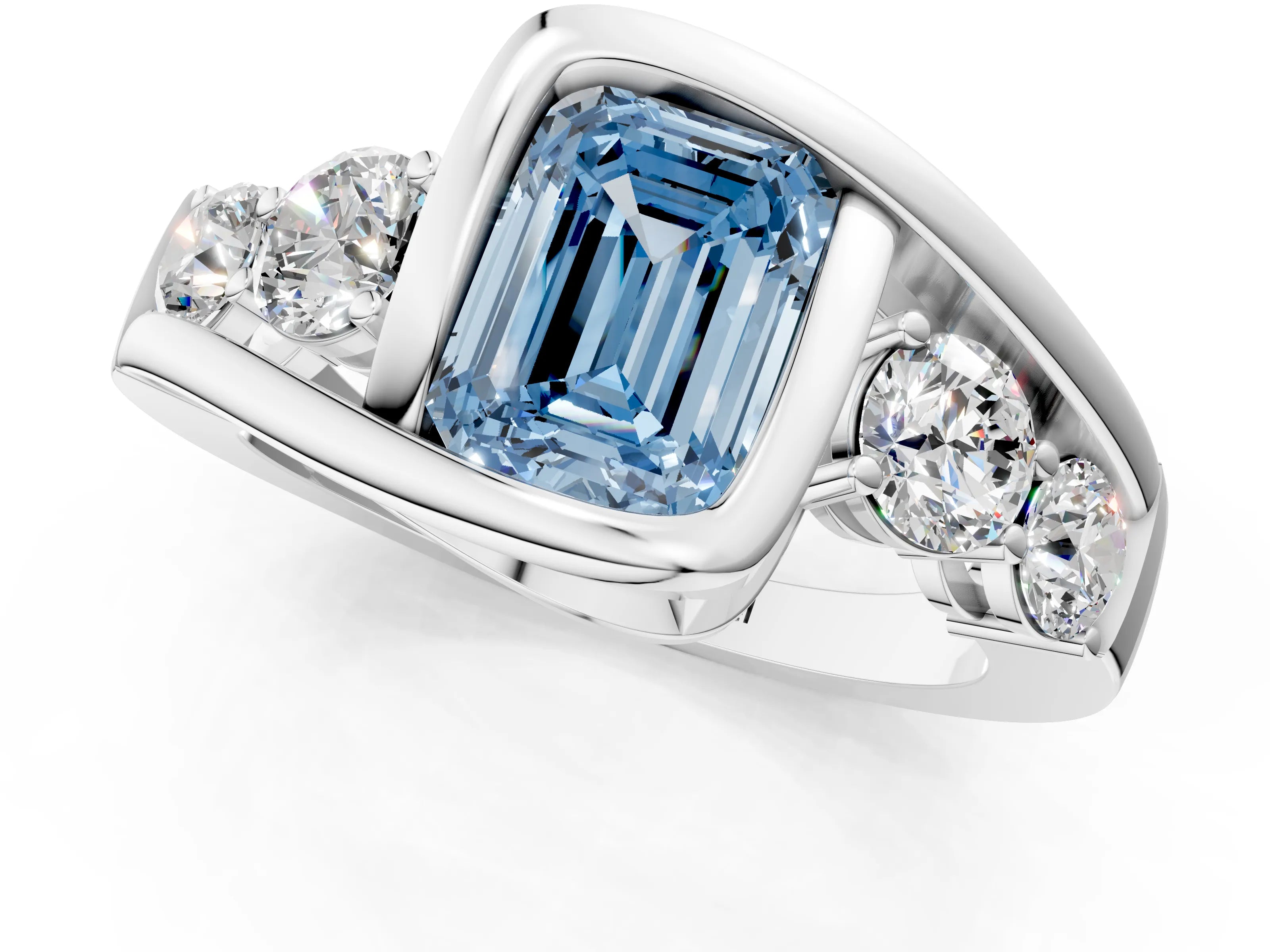 White gold Bezel Set Fancy Blue Emerald Cut Diamond Split Shank Ring_19