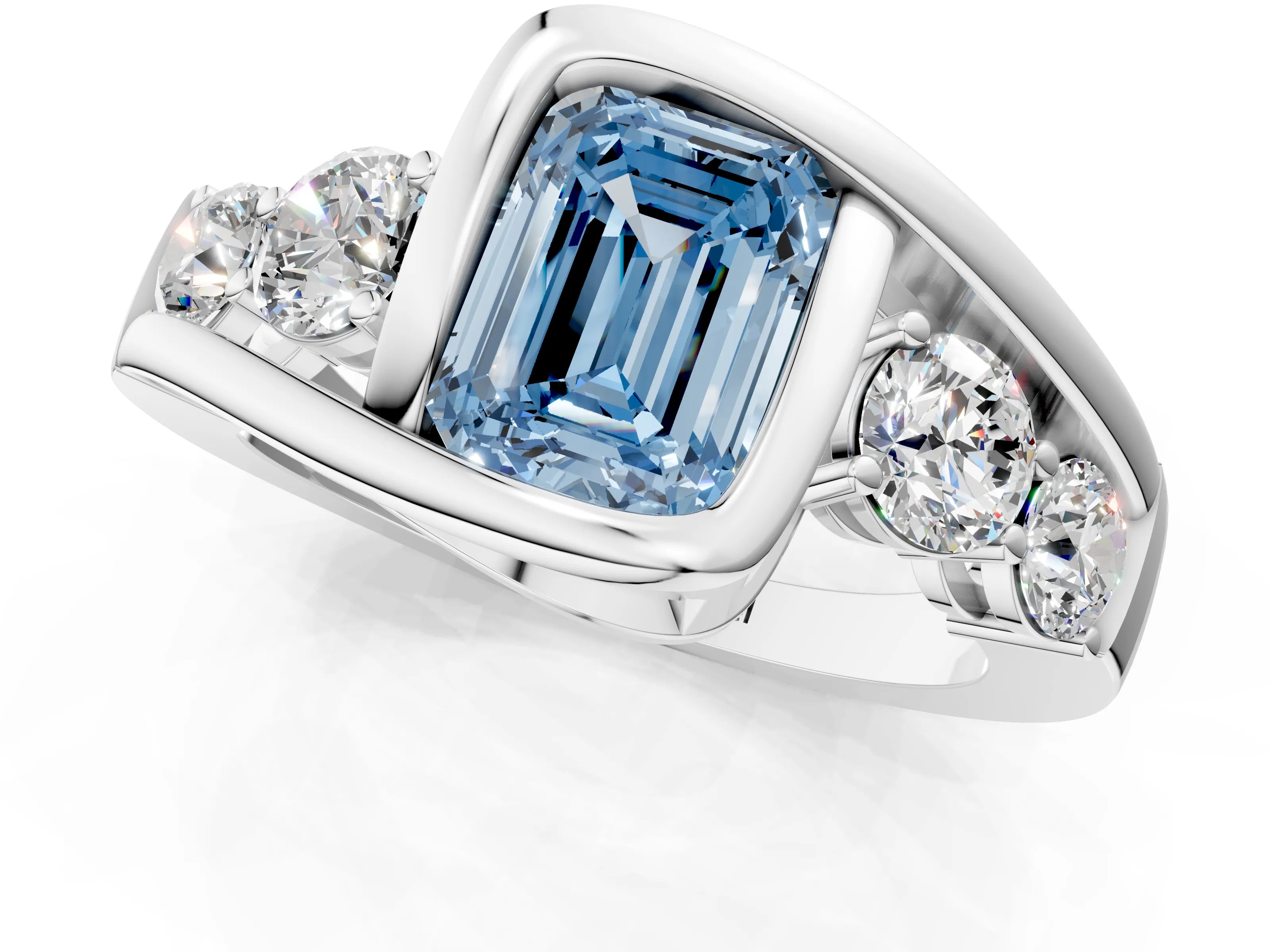 White gold Bezel Set Fancy Blue Emerald Cut Diamond Split Shank Ring_1