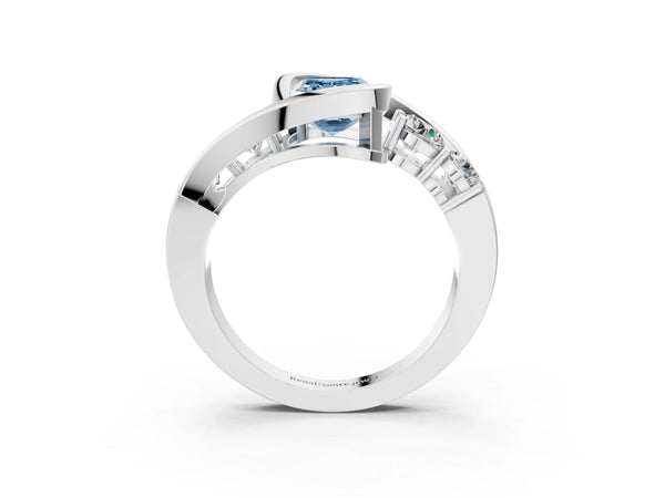 White Gold Emerald Cut Bezel Bypass Engagement Ring Setting for Fancy Blue Center