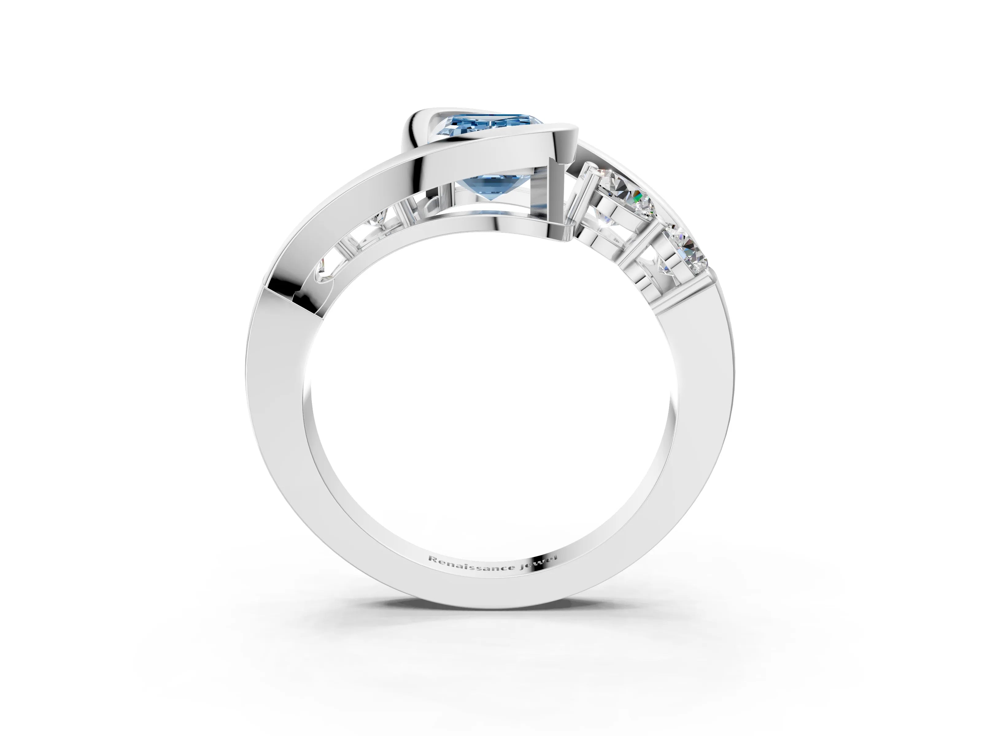 White gold Bezel Set Fancy Blue Emerald Cut Diamond Split Shank Ring_3